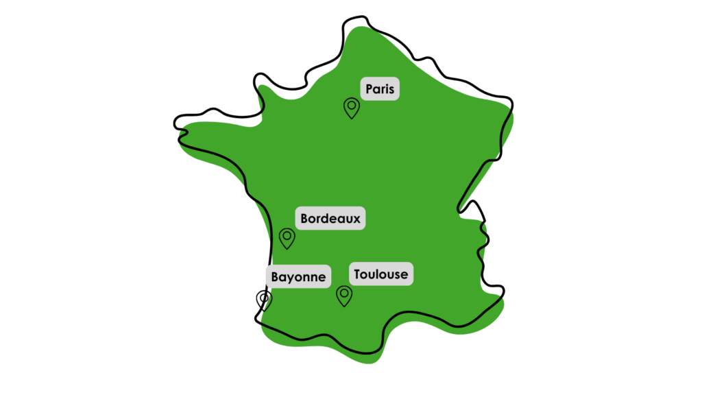 Carte de France avec la localisation de Paris, Bordeaux, Toulouse et Bayonne
